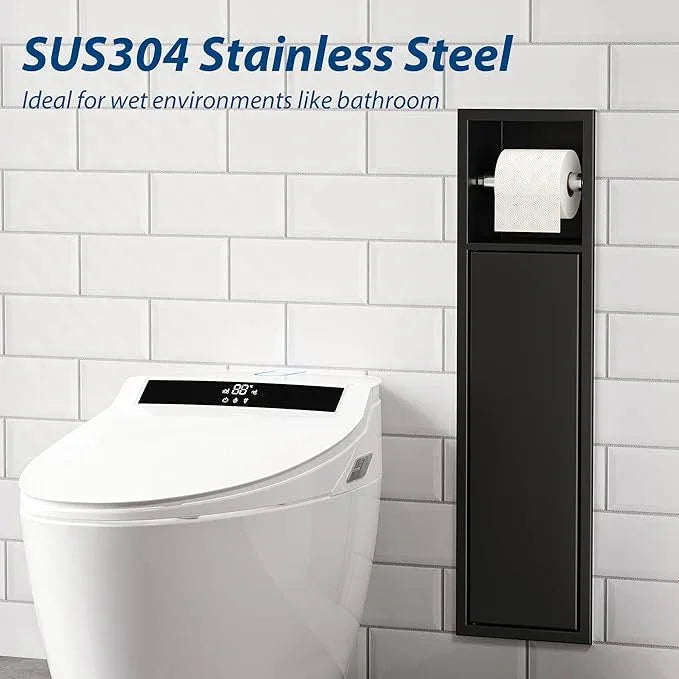 Recessed Toilet Paper Holder, SUS304 Stainless Steel Rustproof Recessed Toilet Paper Holder with Storage Cabinet, in Wall Tissue Paper Holder for Bathroom, Matte Black, 4.7" Depth - ModernBath