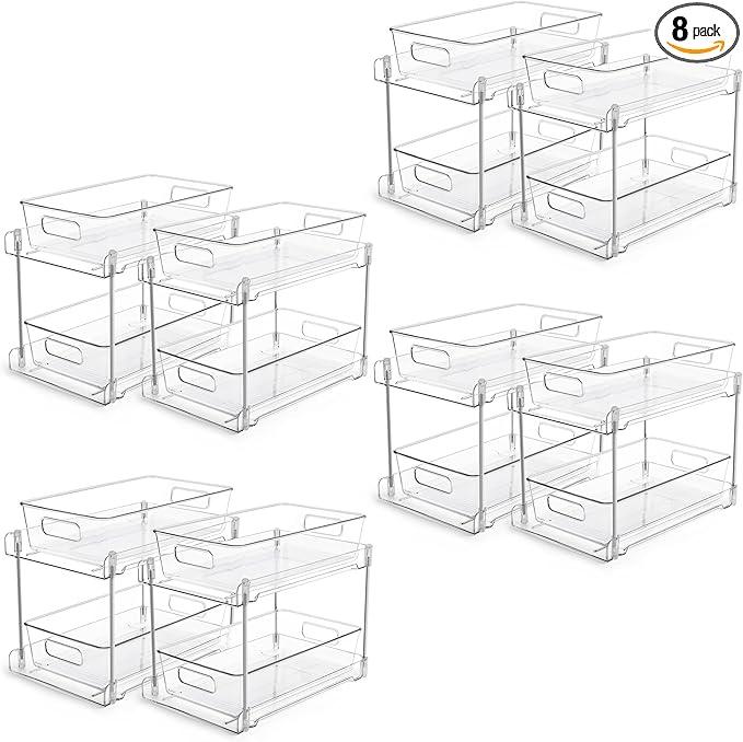Vtopmart 8 Pack Bathroom Organizer, 2 Tier Clear Under Sink Organizers Vanity Countertop Storage Container,Cabinet Drawers Bins, Pull-Out Organization with Track for Pantry, Kitchen - ModernBath