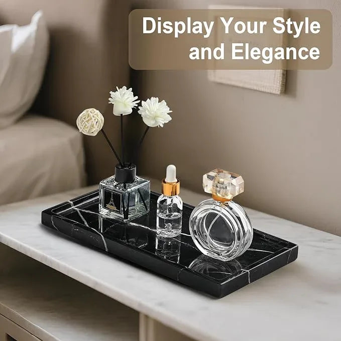 Natural Marble Vanity Tray - Moujings Genuine Marble Perfume Tray for Bathroom Decor, Stone Bathroom Vanity Organizer Tray for Kitchen Counter, Candles, Jewelry, Coffee, Makeup, Key - ModernBath
