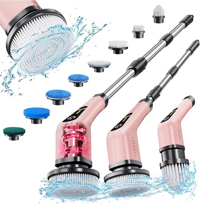 Leebein Electric Spin Scrubber, Cordless Powerful Scrub Brush for Cleaning Bathroom, Kitchen, Shower Tub and Floor Tile with Adjustable Extension Long Handle and 8 Replaceable Brush Heads(Rose) - ModernBath