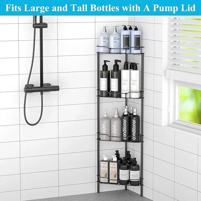 4 Tier Floor Standing Corner Shower Caddy Organizer Shelf with Hooks, Bathroom Shelves Stand Rack, Black - ModernBath