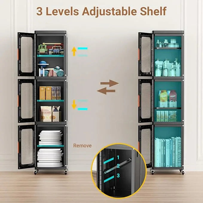 BROVIEW 3-Tier Tall Narrow Storage Cabinet Organizer, Slim Bathroom Cabinets with Adjustable Shelves and Doors, Plastic Kitchen Pantry Organizers and Storages for Small Space, Laundry, Black - ModernBath