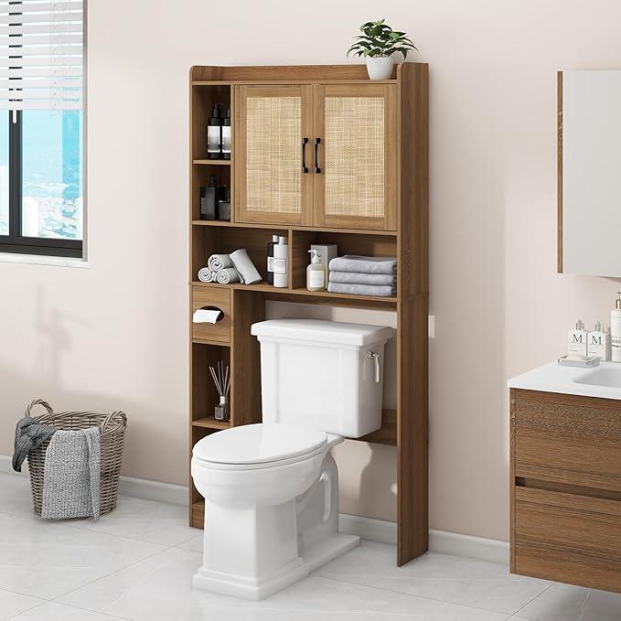 Farmhouse Rattan Storage Cabinet Over Toilet - 2 Door with Toilet Paper Holder - Space-Saving for Bathroom, Oak - ModernBath