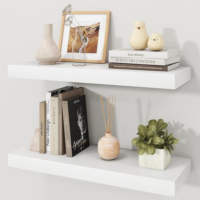 Floating Shelves for Wall, Wall Mounted Rustic Wood Shelves for Bathroom, Bedroom, Living Room, Kitchen, Hanging Shelf for Books/Storage/Room Decor (White, 24") - ModernBath