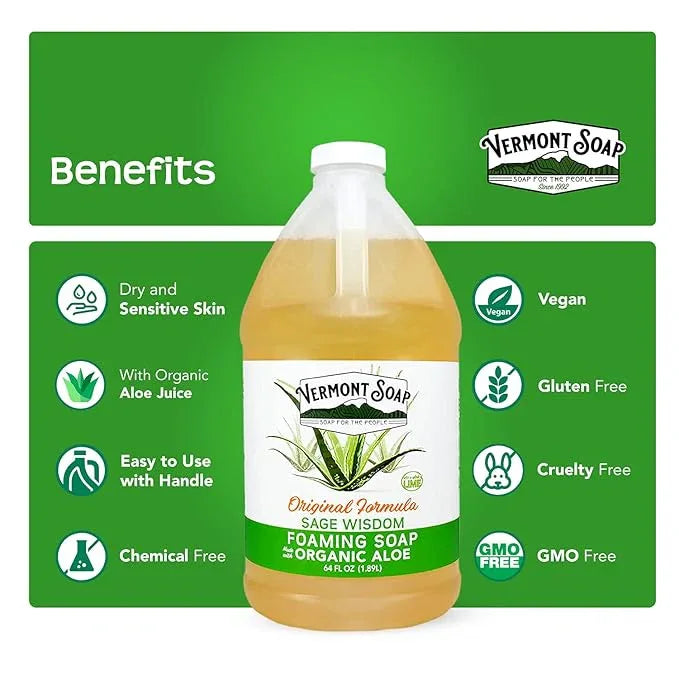 Vermont Soap Organic Sage Lime Wisdom Foaming Hand Soap - Natural Moisturizing Soap for Dry Skin - Fragrance Free Liquid Bathroom Hand Soap - Sage Lime Wisdom - 64 oz - ModernBath