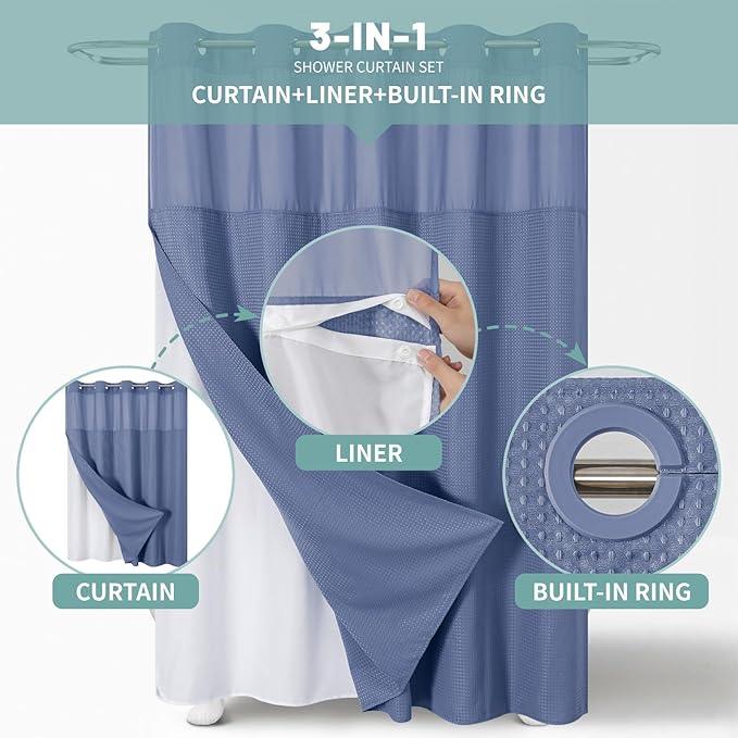 eachope MoonLightBlue Extra Long No Hook Waffle Weave Shower Curtain with snap-in Liner Replacement, 230GSM Waterproof Fabric Hotel Shower Curtain Set for Bathroom, Through Mesh Top Window,71Wx86H - ModernBath