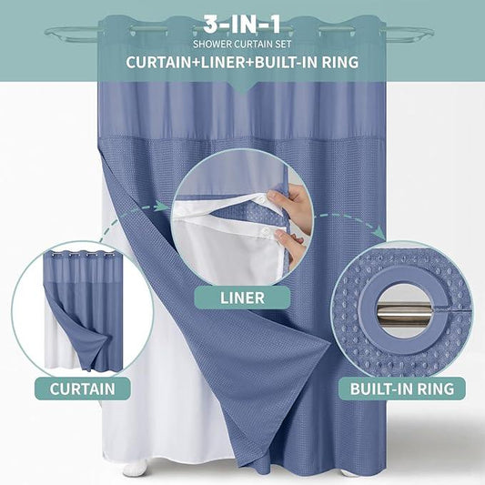 eachope MoonLightBlue No Hook Waffle Weave Shower Curtain with snap-in Liner Replacement, 230GSM Waterproof Fabric Hotel Shower Curtain Set for Bathroom, Through Mesh Top Window,71Wx74H - ModernBath
