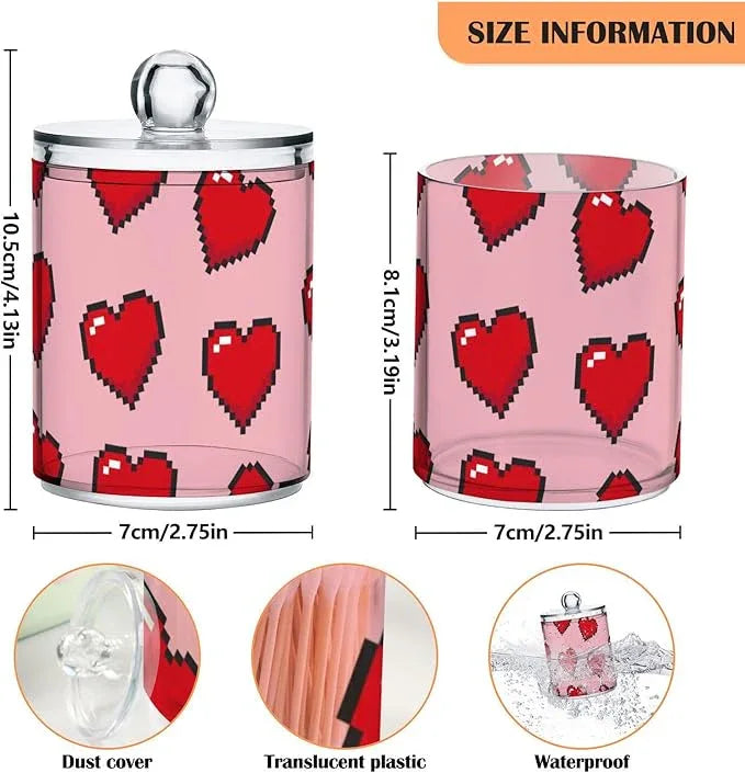 Tatenale Qtip Holder Bathroom Set Q tip Cotton Ball Swab Pad Dispenser Container Organizer Plastic Jars with Lids Storage 2Pack Red Pixel Hearts Pink - ModernBath