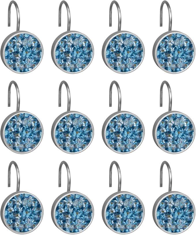 FVQL Shower Curtain Hooks Decorative, Set of 12, Stainless Steel Shower Curtain Rings, Floral Pattern Butterfly - ModernBath