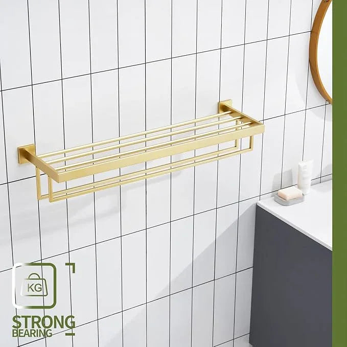 KOKOSIRI 32'' Towel Shelf Holder Bathroom Towel Rack with Two Bath Towel Bars Rails SUS304 Stainless Steel Wall Mount, Brushed Gold B6003BG-L32 - ModernBath