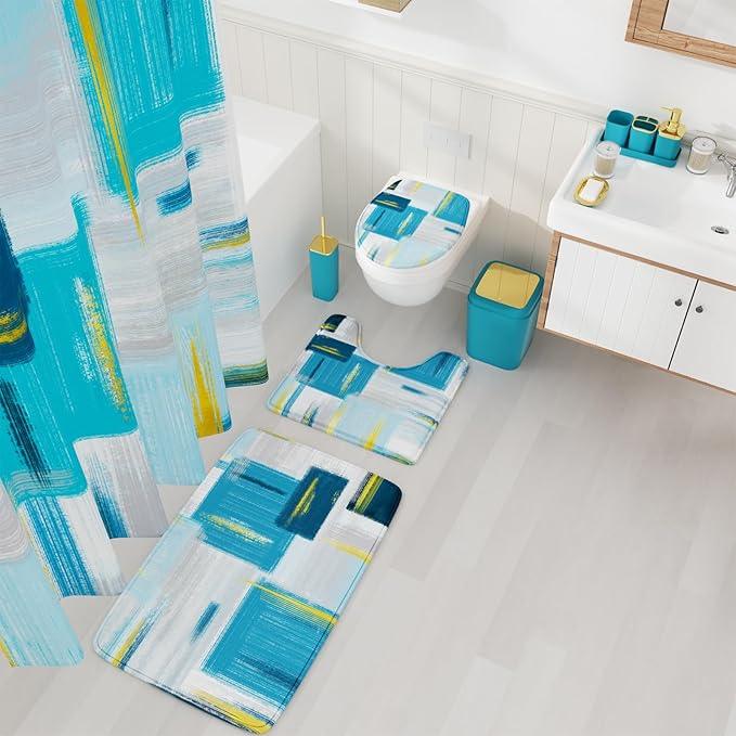 XLHOMO Bathroom Accessories Set - 25PC Bathroom Set with Shower Curtain and Rugs, Teal Blue Bathroom Set, Bathroom Accessory Set with Press-on Lid Trash Can, Soap Dispenser and Qtip Holders - ModernBath