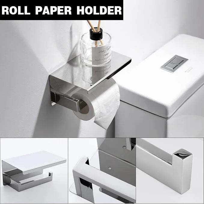 Bathroom Towel Bar Set Toilet Paper Holder with Shelf, Polished Chrome Bathroom Accessories Set, 23.6 Inch Towel Bar Towel Ring Towel Hook 5-Piece Bathroom Hardware Set - ModernBath