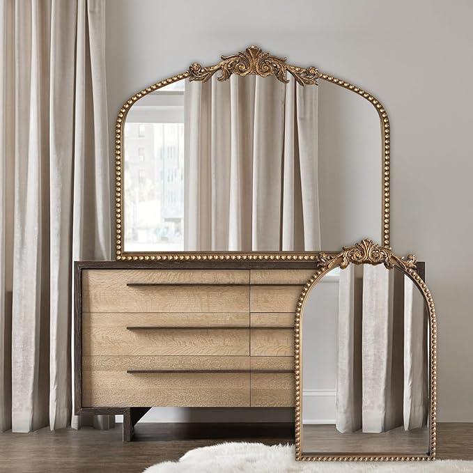 BAODANFU Baroque Arch Mirror for Living Room Wall, 36" X 30" Antique Gold Traditional Cathedral Ornate Beaded Arched Frame Decorative Vanity Mirrors for Mantel Fireplace, Bathroom, Bedroom Decor - ModernBath