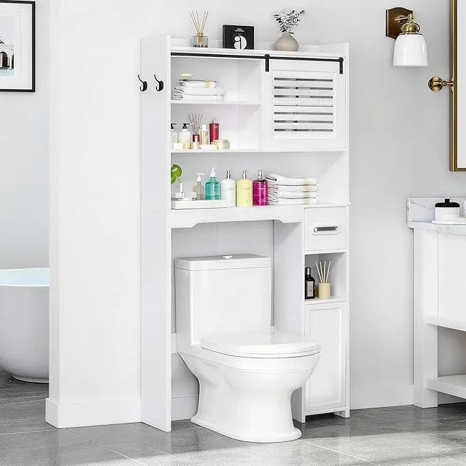 Coolfat Over The Toilet Storage Cabinet, Bathroom Storage Cabinet Organizer, Above Toilet Rack with Door and Adjustable Shelves, Space Saver for Restroom, Laundry (White Left Side) - ModernBath