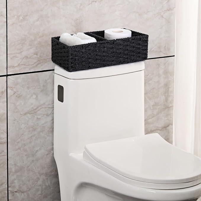 Vagusicc 2 Section Wicker Storage Basket, Black Wicker Baskets, Toilet Tank Basket, Small Baskets for Organizing Storage Shelves, 2-Pack - ModernBath