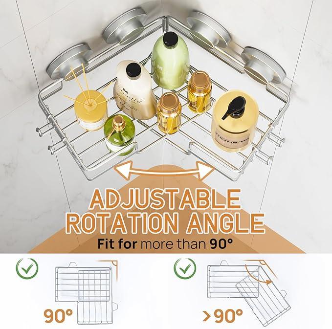 LEVERLOC Corner-adaptive Suction Cup Shower Caddies 2 Pack, Stainless Steel Rustproof Corner Shower Shelf, Large Capacity Removable Suction Cup Bathroom Organizer, Drill-Free Wall Mounted Basket, Gray - ModernBath