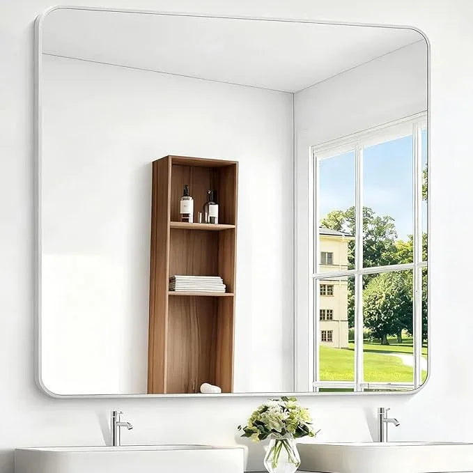 BONEWEI Silver Bathroom Mirror,48x48 inch Wall Mirror for Bathroom Wall Mounted,Rectangle Mirror for Bathroom Over Sink,Modern Frame Round Corner for Living Room,Bedroom Entryway,Horizontal/Vertical - ModernBath