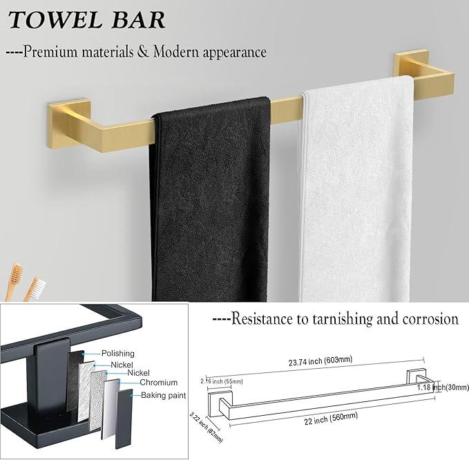 BOZWELL 5 Piece Light Brushed Gold Stainless Steel Towel Bar Set, 23.6 inch Square Bathroom Hardware Accessories Set,Wall Mounted Towel Racks for Bathroom with TP - ModernBath