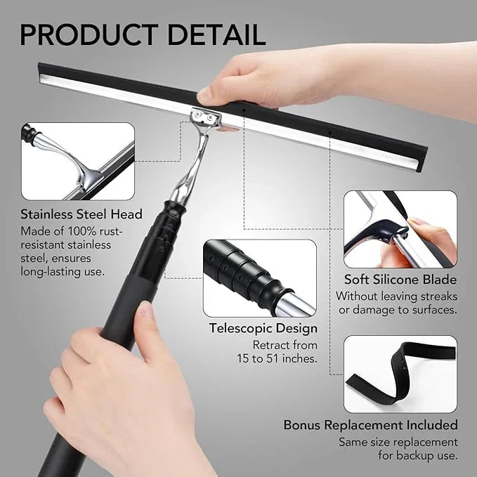 Shower Squeegee with Long Handle, 15-51" Telescopic Squeegee for Window Cleaning, Window Squeegee for Glass Doors, Extendable Window Cleaner Tool for Tile Walls, Sliding Door, Floor, Car Windshield - ModernBath