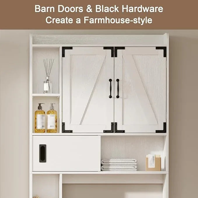 ChooChoo Over The Toilet Storage Cabinet, Farmhouse Bathroom Storage Cabinet with Sliding Door, Over Toilet Storage with Adjustable Shelves, Space-Saving, Antique White - ModernBath