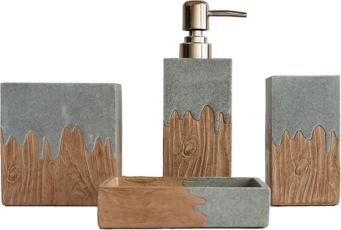 Hymmah Bathroom Accessories Set,Wooden Design Toothbrush Holder,Farmhouse Bathroom Decor,4 Pcs Resin Gift Set Apartment Necessities, Contain Toothbrush Cup,Soap Dispenser,Soap Dish,Tumbler - ModernBath