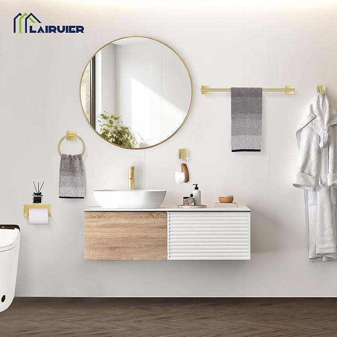 5 Pieces Brushed Gold Bathroom Hardware Set, SUS304 Stainless Steel Bathroom Accessories Set 23.6 inches Towel Bar, Toilet Paper Holder with Shelf, Towel Ring and Two Towel Hooks Wall-Mounted - ModernBath
