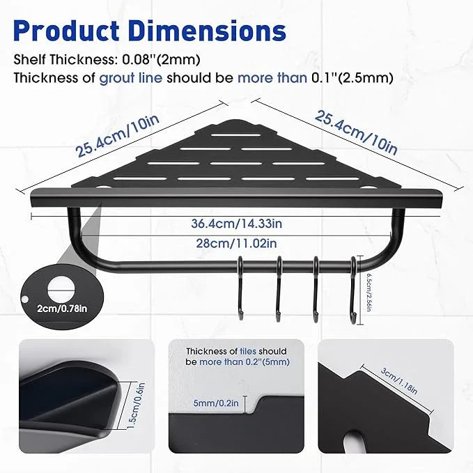 Corner Shower Shelf, 10'' Shower Corner Shelf with Towel Bar & Hooks, 304 Stainless Steel Recessed Bathroom Shelves, No Drilling for Tiled Wall, 2-Pack (Matte Black) - ModernBath