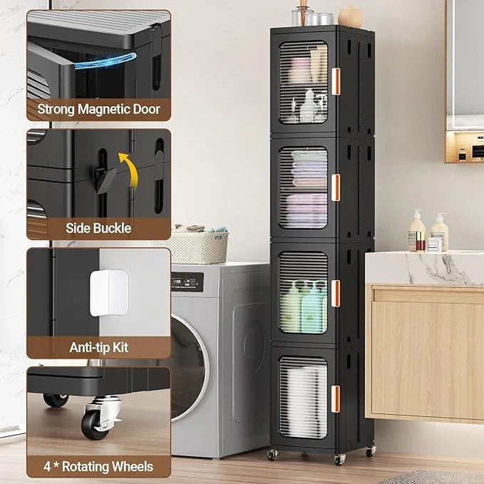 BROVIEW 3-Tier Tall Narrow Storage Cabinet Organizer, Slim Bathroom Cabinets with Adjustable Shelves and Doors, Plastic Kitchen Pantry Organizers and Storages for Small Space, Laundry, Black - ModernBath