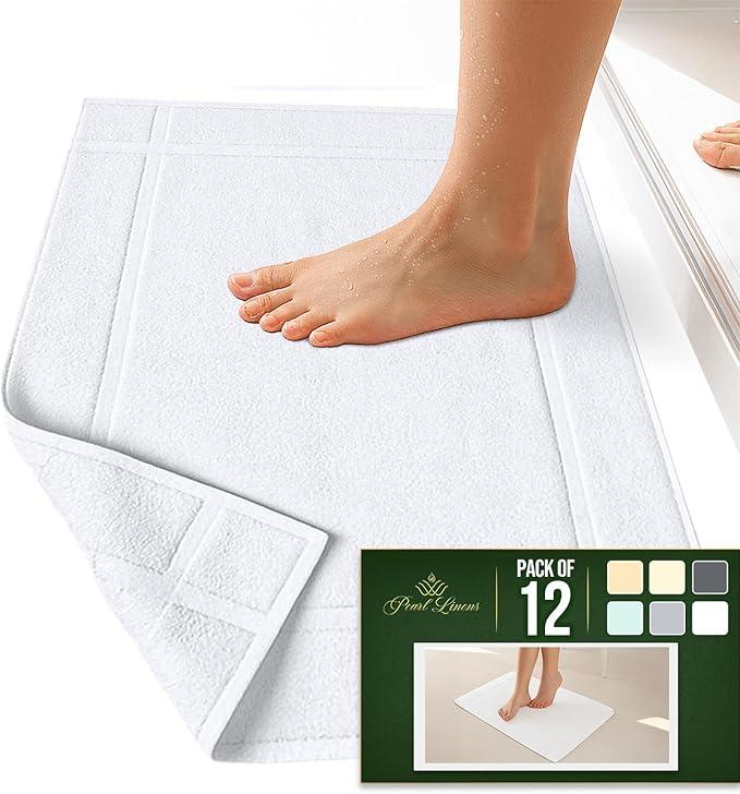 Pearl Linens Pack of 12 100% Cotton Bath Mat 18x25 inches, Soft & Absorbent Quick Dry Bathroom Mat Set, Not Bathroom Rugs, After Shower Mat, Bath Tub Mat, 687 GSM, Machine Washable, White - ModernBath