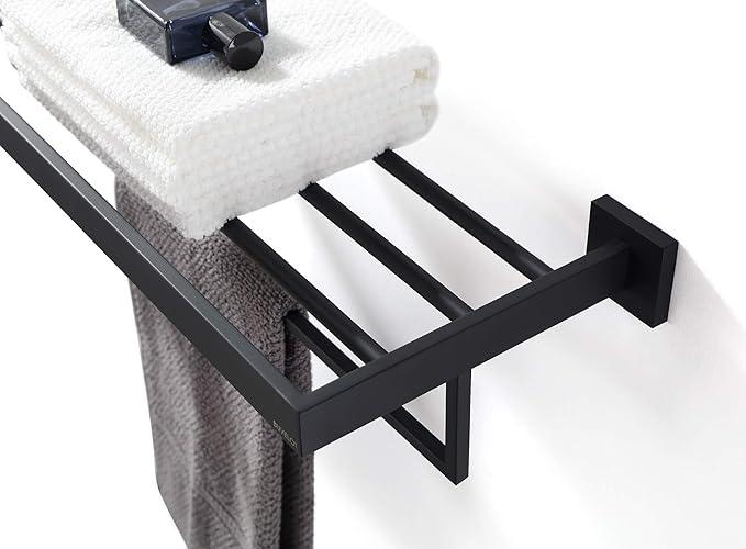 Towel Rack, Towel Shelf for Bathroom, Square Modern Hotel Style Towel Rack with Shelf, 24Inch, Matte Black, Wall Mounted, No Assembly, 071100-MB Les Series - ModernBath