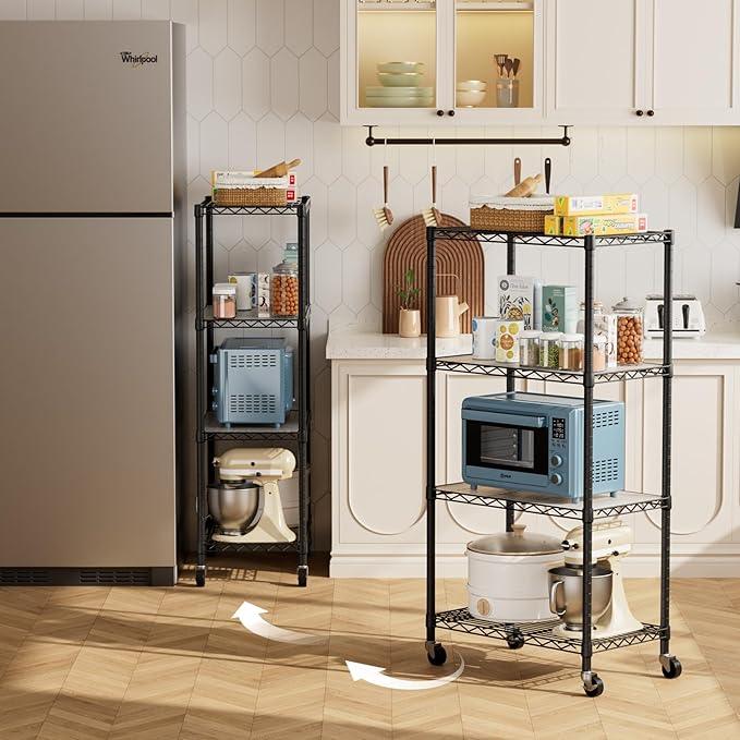 4 Tier Shelves Storage Shelf Wire Closet Bathroom Organizers Metal Pantry Kitchen Garage Shelving Unit Laundry Room Organization Home Rack Net Basket Black with Wheels 14”D X 24”W X 48.9”H - ModernBath