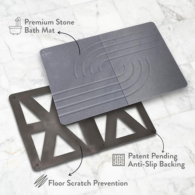 Water Stone Bath Mat, Quick-Dry Bathroom Rug, Gray Standard Size (27.5" x 19.6"), Eco-Friendly, Non-Slip, Absorbent, Modern Design for Safe & Clean Bathroom Floor - ModernBath