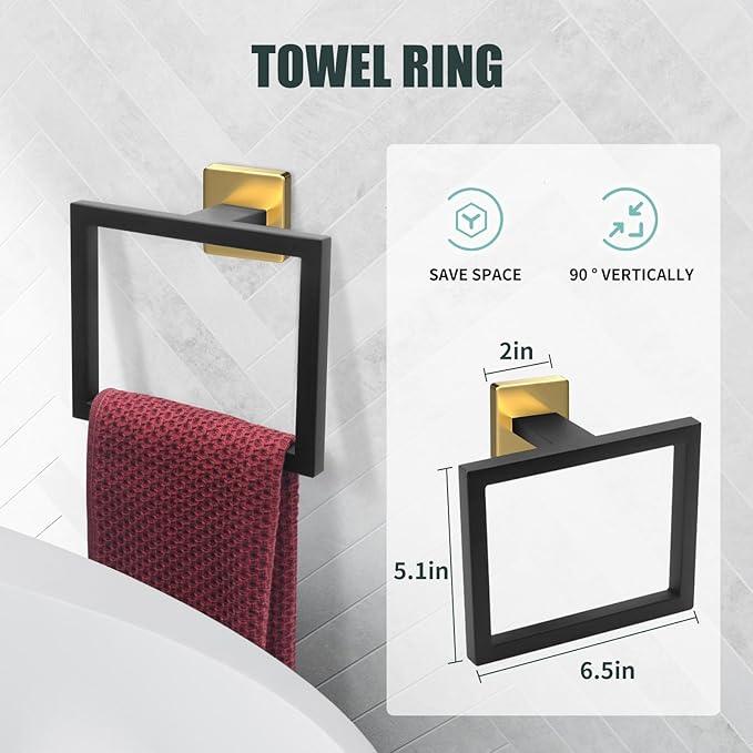 5 Piece Black and Gold Towel Bar Set - Gold and Black Bathroom Accessories with 2 Towel Hook, Stainless Steel Wall Mounted Bathroom Towel Rack Set - Square 16-Inch - ModernBath
