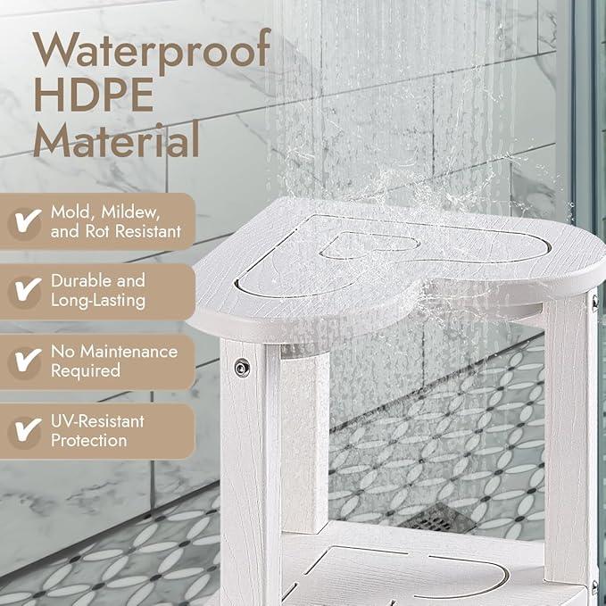Corner Shower Stool for Inside Shower - Waterproof Corner Shower Bench, HDPE Plastic Bathroom Bench, Adjustable Height Corner Chair for Shaving Legs,Storage Shelf,Non-Slip Feet，White - ModernBath
