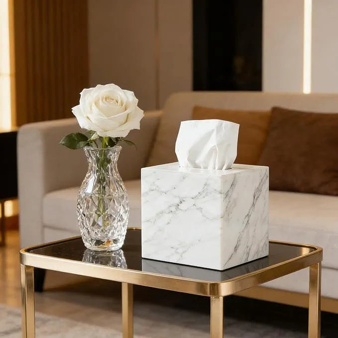 Natural Marble White Tissue Box Cover, Heavy Duty Nature Stone Tissue Box Holder, Elegant & Luxurious Grey Square Toilet Tissue Box Holder for Bathroom, Bedroom, Living Room, Office - ModernBath