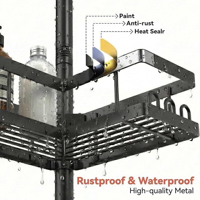YASONIC Corner Shower Caddy Tension Pole, 25.7-109.1in Adjustable Shower Shelves, Rust-Resistant Shower Organizer, No-Drill 3-Step Installation, Bathroom Shelves for Renters & Family, Black - ModernBath