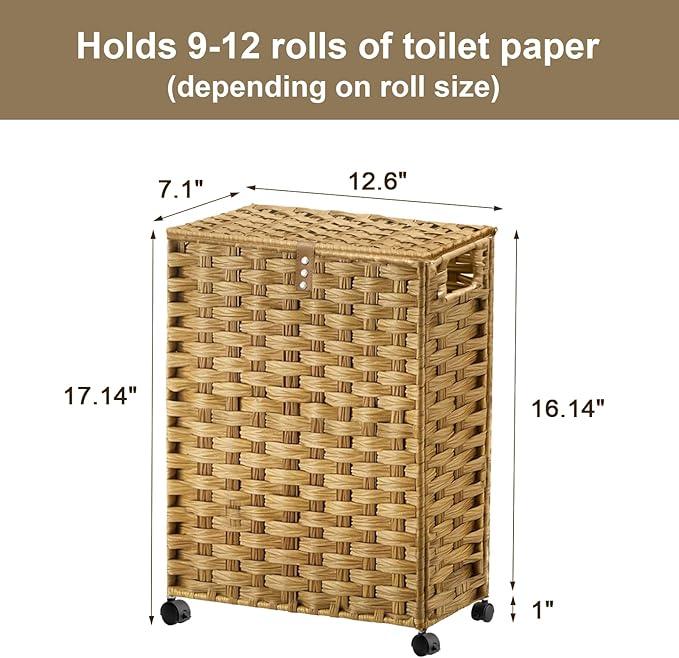 Hiagnete Toilet Paper Storage Basket with Lid and Wheels, Rattan Toilet Paper Holder Storage, Toilet Paper Organizer for Bathroom, Bedroom, Kitchen, 12.6”L x 7.1”W x 17.14”H, Naturall - ModernBath