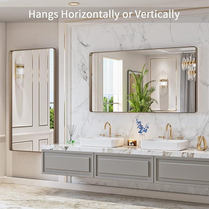 LOAAO 55”X30” Bronze Bathroom Mirrors for Vanity, Rounded Rectangle Brushed Bronze Metal Frame Mirror, Anti-Rust, Tempered Glass, Hangs Horizontally or Vertically - ModernBath