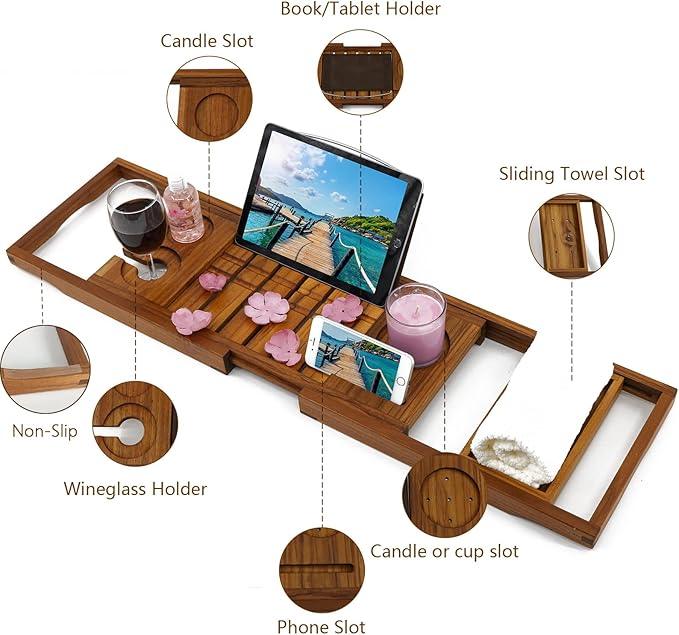 Utoplike Teak Bathtub Caddy Tray Bath Tray for Tub, Unique Bathtub Organizer with Book Tablet Wine Glass Cup Towel Holder, Adjustable, for Your Loved - ModernBath