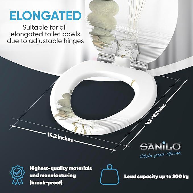 SANILO Wooden Toilet Seat with Soft Close [ELONGATED] - Decorative, Quiet & Slow Close Molded Wood Seat - With Strong Bumpers & Hinges - Adjustable Fit - Balance - ModernBath