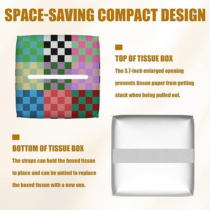 Colorful Checkered Tissue Box Cover 2PCS, Leather Tissue Box Holder Square Facial Paper Case Tissue Box Cube Organizer for Bathroom Bedroom Desk Office - ModernBath