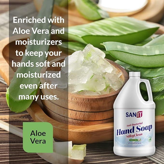 Sanit Silky Clean Antibacterial Liquid Gel Hand Soap Refill - Advanced Formula with Coconut Oil and Aloe Vera - All Natural Moisturizing Hand Wash - Made in USA, White Tea, 1 Gallon - ModernBath