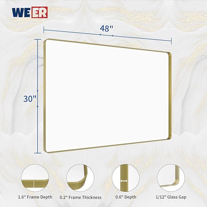 WEER Gold Bathroom Mirror, 48X30 Inch Brushed Gold Metal Frame Mirror, Rounded Rectangle Gold Bathroom Vanity Mirror for Wall, Tempered Glass, Anti-Rust, Hangs Horizontally or Vertically - ModernBath