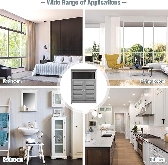 LDAILY Freestanding Organizer Cabinet with Double Shutter Doors, Adjustable Shelf, Wooden Floor Cabinet for Bathroom & Kitchen, Grey - ModernBath