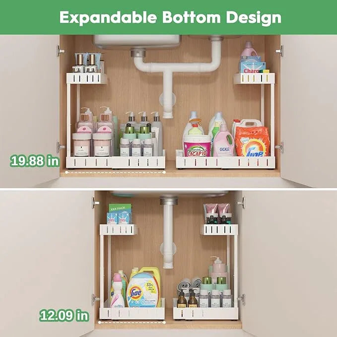 REALINN Under Sink Organizer, 2 Tier Expandable Under Cabinet Organizer, Heights Adjustable Pull Out Storage for Kitchen Bathroom Laundry, White, 2 Pack - ModernBath