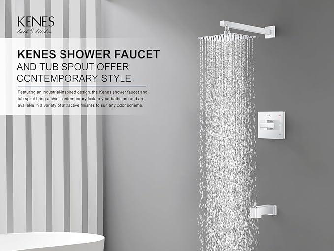 KENES Polished Chrome Tub and Shower Trim Kit, Tub Shower Faucet Set Complete with 10-Inch Rainfall Shower Head and Tub Spout, KE-6024A-5 (Shower Valve Included) - ModernBath