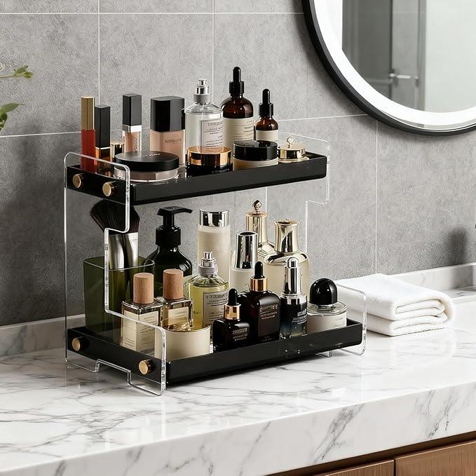 NEWRAIN 2-Tier Bathroom Organizer Countertop for Cosmetics, Makeup, Vanity Holder for Lipstick, Black Cabinet Storage - ModernBath