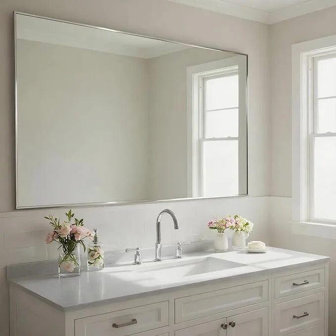 Bonverre 27x40 Inch Nickel Bathroom Mirror for Wall, Aluminum Frame Rectangle Rectangular Vanity Mirror, Modern Large for Bedroom, Living Room, Horizontal or Vertical - ModernBath