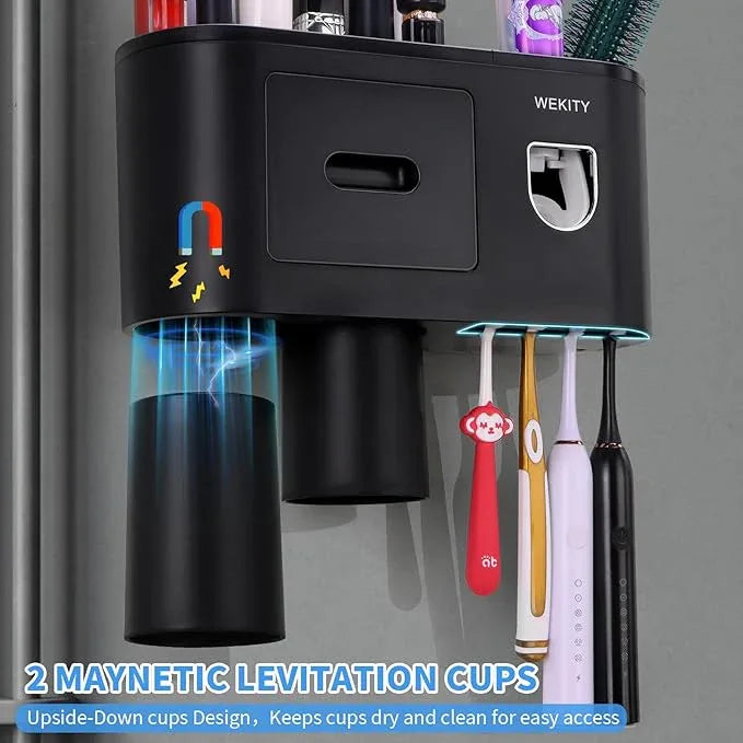 Wekity Multifunctional Wall-Mounted Toothbrush Holder, Automatic Toothpaste Dispenser Space Saving Toothbrush and Toothpaste Holder, with 2 Cups and Drawers Cosmetic Organizer (Black) - ModernBath