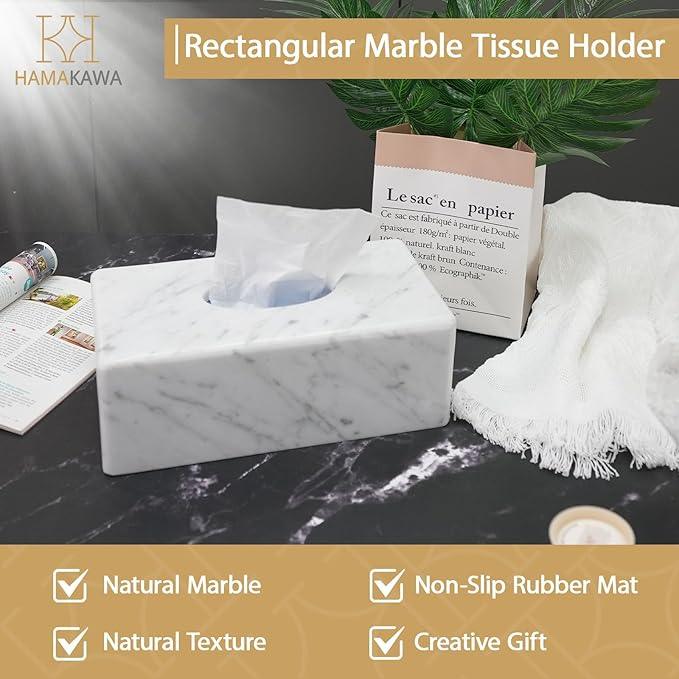 HAMAKAWA Natural Marble Tissue Box Cover, Carrara White Tissue Organizer 10 x 5.7 x 3.5 inch, Heavy Stone Decorative Box, Rectangle Tissue Box Holder for Home Decor, Kitchen, Bathroom, Bedroom - ModernBath